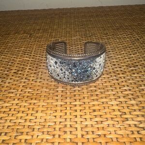 Vintage BRIGHTON Silver Navy Blue Crystal Hinged Cuff Bracelet Stainless Steel